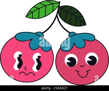 Personaggi di ciliegie tristi e felici sul ramo con foglie e steli. Bacche carine con espressione facciale che mostra emozioni e gioia. Emoji o emoticon, adesivo o personage. Vettore in stile piatto. Personaggi, adesivi o emoticon in stile rétro Illustrazione Vettoriale