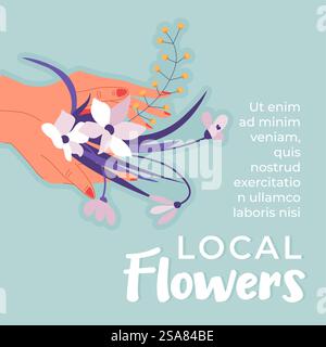 Striscione per fioristi, fiori locali. Paesaggista, fiorista o brochure. Festeggiamenti e saluto per occasioni speciali. Volantino promozionale o poster pubblicitario. Vettore in stile piatto. Poster o banner pubblicitari di fiori locali Illustrazione Vettoriale
