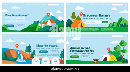 Set di banner di atterraggio con pubblicità di viaggio. Paesaggio colorato piatto in promozione Journey, raccolta di pagine Web, illustrazione vettoriale. Offerta speciale per agenzia di viaggi, natura estiva alla pagina del sito web. Set di banner di atterraggio con pubblicità di viaggio Illustrazione Vettoriale