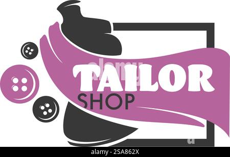 Logo sartoriale con nastro rosa e manichino, illustrazione vettoriale, design nero e rosa. Logo Pink Ribbon Tailor Shop Illustrazione Vettoriale
