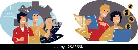 Illustrazione vettoriale che mostra un team che collabora all'analisi dei dati con computer e grafici di crescita, sottolineando il lavoro di squadra e la produttività. Scenario vettoriale di analisi della collaborazione team Illustrazione Vettoriale