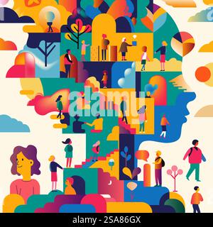 Un'illustrazione vettoriale di uno striscione dia de los Muertos con teschi colorati, fiori ed elementi messicani tradizionali su uno sfondo scuro. Dia de los Muertos Banner Illustrazione Vettoriale