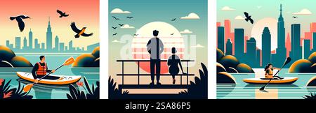 Abbina le silhouette al tramonto della città, alle illustrazioni vettoriali per catturare i momenti urbani più intimi e le immagini a tema di viaggio in un design piatto. Illustrazione romantica con vista sulla città al tramonto Illustrazione Vettoriale