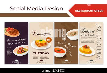 Social media con offerta di pasti al ristorante. Piatti tradizionali colorati e realistici nella collezione di banner di rete, illustrazione vettoriale. Vendita speciale di caffè pubblicitaria al design della pagina web. Social media con offerta di pasti al ristorante Illustrazione Vettoriale