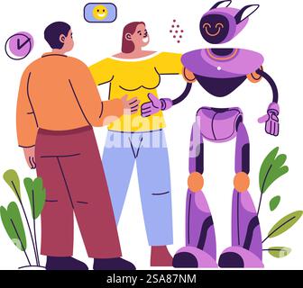 Illustrazione di una famiglia che interagisce con un robot amichevole, in uno stile piatto moderno e colorato. Isolato su sfondo bianco. Illustrazione vettoriale. Famiglia con interazione robot amichevole Illustrazione Vettoriale