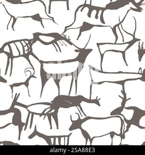 Motivo senza cuciture con antica arte rupestre in un moderno stile vettoriale. Adatto per materiali didattici e storici. Illustrazione vettoriale dell'antica arte rupestre senza interruzioni Illustrazione Vettoriale