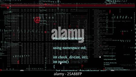 Immagine di livelli di elaborazione di testo e dati binari su sfondo nero Foto Stock