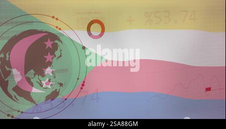Immagine della bandiera delle comore su globo, grafici e dati di elaborazione Foto Stock