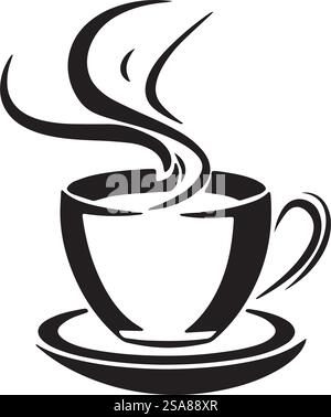 Classica tazza di caffè con vapore, illustrazione vettoriale in bianco e nero, isolata su sfondo bianco, ideale per la grafica di caffè e cibo. Vettore dell'icona della tazza di caffè Illustrazione Vettoriale
