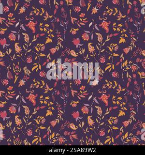 Un motivo floreale senza cuciture con elementi paisley in colori vivaci su sfondo scuro. Adatto per tessuti e carta da parati. Motivo floreale scuro con Paisley Illustrazione Vettoriale