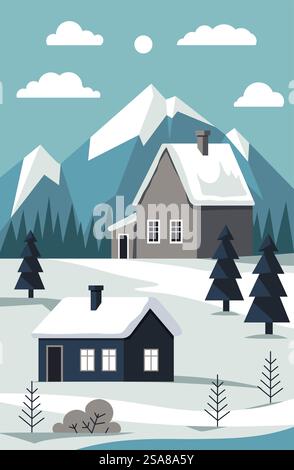 Un'illustrazione vettoriale di due cabine incastonate in un paesaggio montano innevato con alberi e nuvole. Lo stile è semplice e piatto. Vettoriale della scena della cabina di montagna innevata Illustrazione Vettoriale