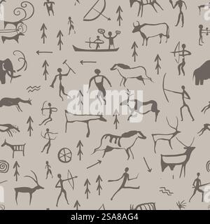 Motivo senza cuciture con animali preistorici in un moderno stile grafico vettoriale. Ideale per materiali didattici. Vettore pattern animali preistorici senza cuciture Illustrazione Vettoriale