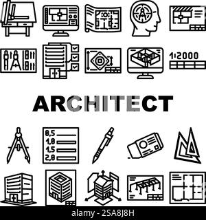 le icone di disegno del disegnatore architettonico impostano il vettore. ingegnere edile, architettura di progetto architetto di costruzione progetto progetto disegnatore architettonico disegnare illustrazioni di contorno nero. le icone di disegno del disegnatore architettonico impostano il vettore Illustrazione Vettoriale