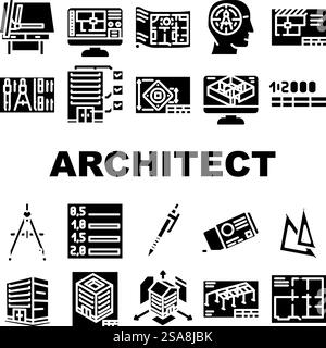 le icone di disegno del disegnatore architettonico impostano il vettore. Ingegnere edile, architettura progettuale architetto edile progetto progetto disegnatore architettonico disegno pittogramma glifo illustrazioni. le icone di disegno del disegnatore architettonico impostano il vettore Illustrazione Vettoriale