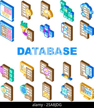 computer dell'amministratore del database, le icone impostano il vettore. tecnologia di sistema, internet notebook, cloud dati, business server, rete, computer dell'amministratore del database di assistenza, illustrazioni dei segni isometrici. computer dell'amministratore del database, le icone impostano il vettore Illustrazione Vettoriale