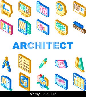 le icone di disegno del disegnatore architettonico impostano il vettore. ingegnere edile, architettura progettuale architetto edile progetto progetto disegnatore architettonico disegno isometrico segno illustrazioni. le icone di disegno del disegnatore architettonico impostano il vettore Illustrazione Vettoriale