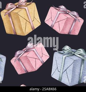 Confezioni regalo acquerello con motivo senza cuciture su sfondo scuro. Un set di regali blu, giallo, beige e rosa. Ideale per le congratulazioni per le vacanze, i compleanni, la carta da parati e la confezione. Foto Stock