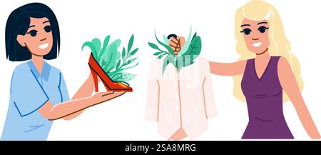 tessuto moda sostenibile vettore tessile. ambiente amichevole, natura naturale, tessuto di cotone verde carattere tessile di moda sostenibile. persone illustrazione a fumetti piatta. tessuto moda sostenibile vettore tessile Illustrazione Vettoriale