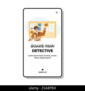 agente del banco prove, detective vector. investigazione criminale, muro del crimine, mappa dell'ufficio scheda prove uomo detective web flat illustrazione di cartoni animati. agente del banco prove, detective vector Illustrazione Vettoriale