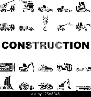 le icone dei veicoli edili pesanti impostano il vettore. Macchine escavatrici, trattore bulldozer, pala gialla scavatrice, pala, illustrazioni pittogrammi a glifo pesante per veicoli da costruzione terrestre. le icone dei veicoli edili pesanti impostano il vettore Illustrazione Vettoriale