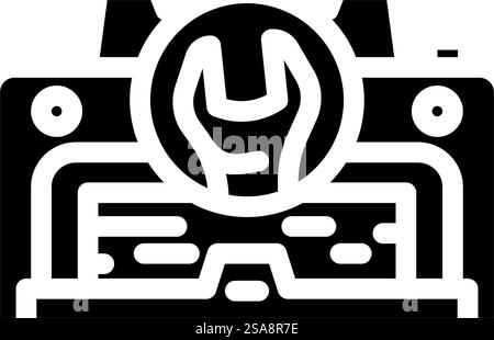 correzione della stampante correzione del vettore dell'icona del glifo del computer. segnale del computer di riparazione della stampante. illustrazione del simbolo isolato. immagine vettoriale dell'icona glifo del computer per la riparazione della stampante Illustrazione Vettoriale