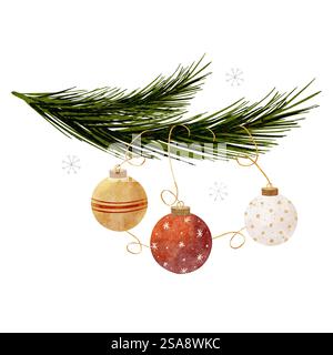 Ramo dell'albero di Natale con palle rosse e dorate. Composizione acquerello Capodanno. Illustrazione isolata su uno sfondo bianco per la progettazione delle schede Foto Stock