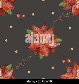 Punta a scacchi con motivo ad acquerello, rami, bacche. Illustrazione del fiore di Natale. Stampa geometrica senza cuciture per il nuovo anno su sfondo grigio per Foto Stock