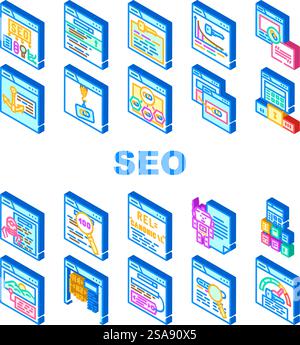 seo ottimizza le icone della riga di ricerca imposta vettore. report marketing, ottimizzazione internet, dashboard digitale, mercato, analisi, engine seo ottimizza le illustrazioni dei segni isometrici della posizione di ricerca. seo ottimizza le icone della riga di ricerca imposta vettore Illustrazione Vettoriale