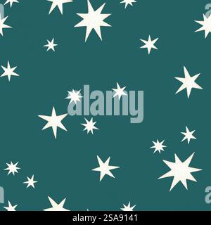 Stella gialla e cometa motivo senza cuciture in stile cartoni animati. Illustrazione del bambino ad acquerello disegnata a mano sullo sfondo verde acqua. Perfetto per una festa di pigiama Foto Stock