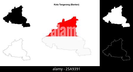 Kota Tangerang insieme di mappe di contorno vuote Illustrazione Vettoriale
