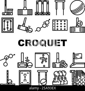le icone del prato di mazzuolo per croquet impostano il vettore. palla campione sportivo, bastone di legno, gioco di etichette, colpo di squadra, mazzetta tradizionale per croquet di pipipistrelli, illustrazioni di contorno nero. le icone del prato di mazzuolo per croquet impostano il vettore Illustrazione Vettoriale