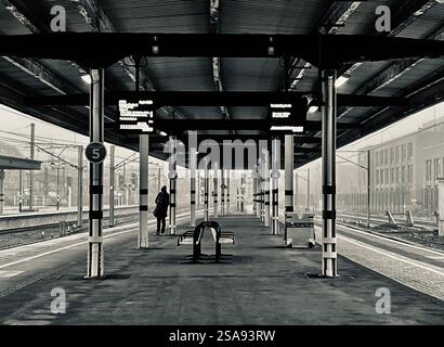 Passeggeri in attesa nella magnificenza della stazione ferroviaria di York, North Yorkshire, North East England, Regno Unito Foto Stock