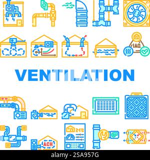 le icone di ventilazione aria e calore del vento freddo impostano il vettore. condizionatore, clima a flusso, tecnologia calda, casa fresca, controllo ventilazione aria fredda calore vento freddo linee illustrazioni. le icone di ventilazione aria e calore del vento freddo impostano il vettore Illustrazione Vettoriale