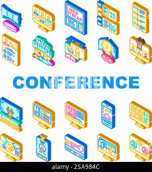 le icone online degli eventi di conferenza virtuale impostano il vettore. quarantena digitale, tecnologia aziendale, palco chiamante, video concerto, live, meeting evento di conferenza virtuale, illustrazioni online dei segni isometrici. le icone online degli eventi di conferenza virtuale impostano il vettore Illustrazione Vettoriale