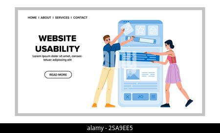 funzionalità del sito web usabilità vettoriale. layout utente, ottimizzazione mobile, funzionalità di efficienza delle prestazioni usabilità del sito web illustrazione di cartoni animati web flat. funzionalità del sito web usabilità vettoriale Illustrazione Vettoriale