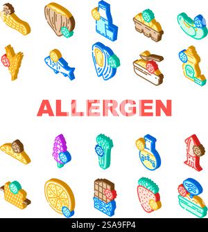 le icone degli alimenti privi di allergeni impostano il vettore. zucchero glutine, soia uovo, lattosio vegano, prodotti lattiero-caseari ogm, etichetta del latte, illustrazioni isometriche biologiche cosmetiche, grassi e prodotti allergenici. le icone degli alimenti privi di allergeni impostano il vettore Illustrazione Vettoriale