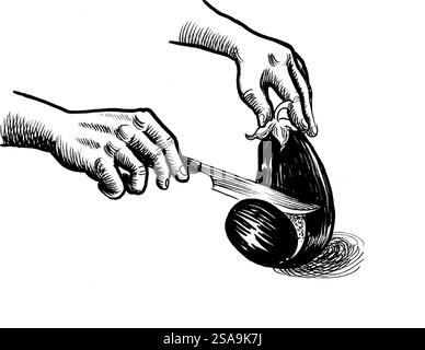 Mani che tagliano melanzane con un coltello. Illustrazione in bianco e nero con inchiostro retrò disegnato a mano Foto Stock
