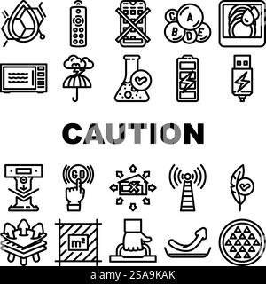 etichetta di attenzione prodotto icone di avvertenza set vettoriale. formula pulita, controllo remoto, nessuna app richiesta, vitamina, durata, etichetta di attenzione per prodotti sicuri per microonde, avvertenze, illustrazioni del contorno nero. etichetta di attenzione prodotto icone di avvertenza set vettoriale Illustrazione Vettoriale
