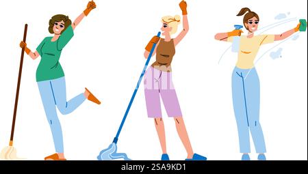 pulire il vettore di pulizia della molla. lavori domestici, servizi igienici, forniture detergenti pulizia di primavera carattere. persone illustrazione a fumetti piatta. pulire il vettore di pulizia della molla Illustrazione Vettoriale