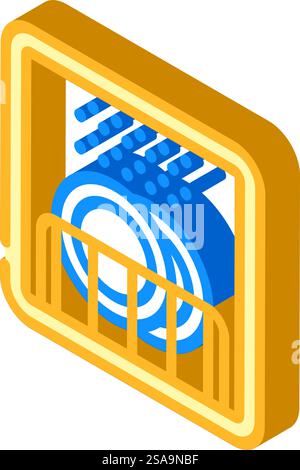 etichetta del prodotto lavabile in lavastoviglie avvertenza icona isometrica vettore. etichetta prodotto lavabile in lavastoviglie cartello di avvertenza. illustrazione del simbolo isolato. etichetta del prodotto lavabile in lavastoviglie avvertenza icona isometrica illustrazione vettoriale Illustrazione Vettoriale