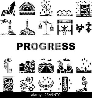 progredire le icone degli obiettivi di successo aziendale impostare il vettore. Obiettivo di leadership, crescita della strategia, opportunità di carriera, aumento del lavoro finanza avanzamento dei profitti successo aziendale obiettivo glifi illustrazioni pittogrammi. progredire le icone degli obiettivi di successo aziendale impostare il vettore Illustrazione Vettoriale