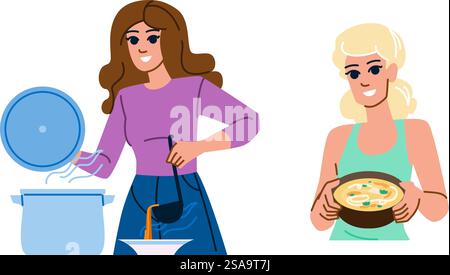 recipiente per zuppe fatte in casa. cibo vegetale, panna da tavola, ciotola verde con zuppa fatta in casa. persone illustrazione a fumetti piatta. recipiente per zuppe fatte in casa Illustrazione Vettoriale