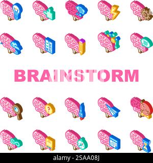 le icone di creatività delle idee di brainstorming impostano il vettore. pensiero innovativo, pianificazione strategica, visione, soluzioni di ispirazione idee di brainstorming creatività segni isometrici. le icone di creatività delle idee di brainstorming impostano il vettore Illustrazione Vettoriale