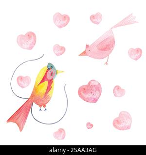Uccelli del paradiso, timidi e curiosi si sono innamorati dei personaggi dei cartoni animati, cuori dipinti a mano composizione ad acquerello isolata su bianco. Perfetto per le carte Foto Stock
