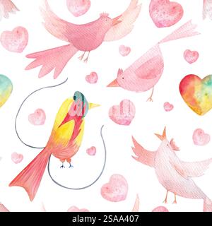 Gli uccelli del paradiso si sono innamorati dei personaggi dei cartoni animati, i cuori hanno dipinto a mano un acquerello senza cuciture, isolato sul bianco. Perfetto per le carte, bambini Foto Stock