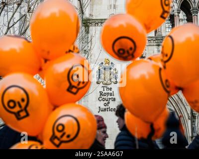 Londra, Regno Unito. 29 gennaio 2025. Proteste all'esterno, mentre la Corte d'appello sente le domande di congedo per presentare appello con condanne riguardanti i casi di sostenitori della Just Stop Oil che sono stati condannati per quattro diversi atti di protesta. I casi includono: "Whole Truth Five", re prevede di distruggere la M25; cinque persone condannate per aver salito sulle piazzole sopra la M25; quattro persone che hanno occupato tunnel presso il Navigator Oil Terminal; e due persone che hanno gettato zuppa ai Girasoli di Van Gogh. La corte sta valutando se la motivazione coscienziosa debba essere trattata come mitigazione. Crediti: Guy Bell/Alamy Live News Foto Stock