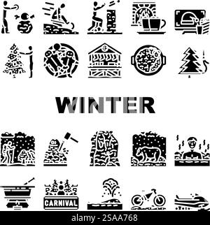 inverno trascorri del tempo sulla neve le icone dello sci sono vettoriali. cacao da caminetto, ibernazione da slitta, gelata accogliente, vacanze, ghiaccio, maglione, cabina invernale trascorrere il tempo sulla neve glifi illustrazioni pittogrammi. inverno trascorri del tempo sulla neve le icone dello sci sono vettoriali Illustrazione Vettoriale