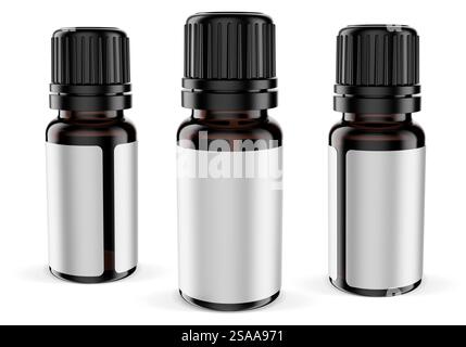 Flacone da 10 ml di vetro UV marrone scuro per oli essenziali isolati su sfondo bianco. Rendering 3D per branding e mock-up Foto Stock