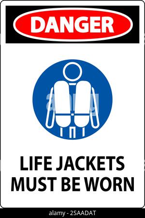 Cartello di sicurezza per l'acqua pericolo, indossare giubbotti salvagente Illustrazione Vettoriale