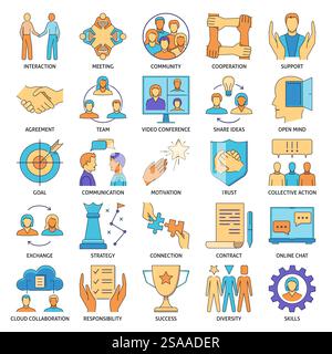 Insieme di icone piatte per la cooperazione e il lavoro di squadra. Illustrazione vettoriale con linea modificabile. Illustrazione Vettoriale